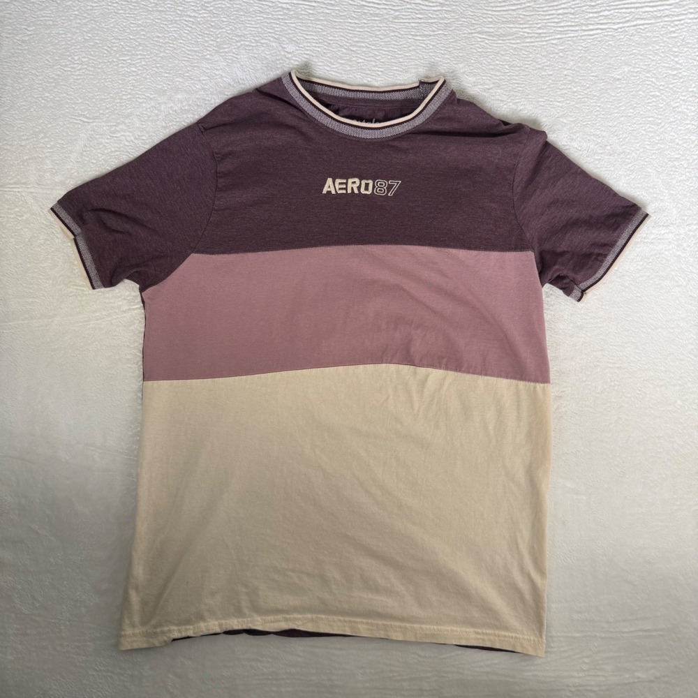 Aeropostale Mens XL Colorblock T-Shirt Burgundy Mauve Cream AERO 87 Logo Tee VTG